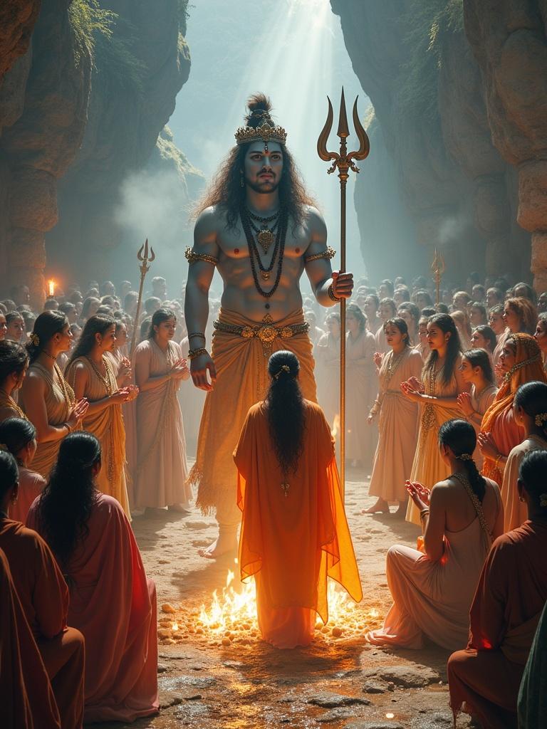 Witness a divine wedding ceremony between Goddess Parvati and Lord Shiva. Crowds of celestial beings surrounding the couple. Shiva appears meditative and serene. Parvati dressed in elegant silks and adorned with jewels. Ancient Vedic rituals taking place. Sacred fire radiates warmth and light. Chants filling the air with devotion.