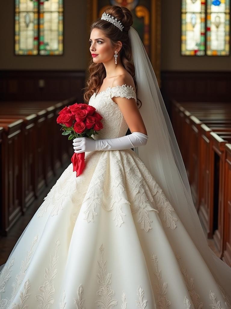 A bride stands in a church aisle with stained glass windows. She wears an elegant wedding dress with a princess-style crinoline hoop skirt. The dress features a scalloped lace overlay and intricate embroidery. Long white gloves adorn her arms. Pearl accessories complement her look. Long curly hair is styled in an updo with a crown and lace veil. A bouquet of red roses with satin ribbons is held in her hands. The scene conveys elegance and romanticism.