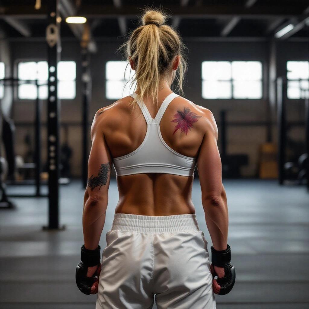 Female MMA fighter stands in athletic pose from back. Sweat glistens on skin, showing exhaustion. Bruises visible after fight. Fierce expression captured. Blonde woman in white sports bra and wide trousers. Barefoot, exhibiting natural pose. Industrial background with clean lighting. Ultra HD details on fabric.