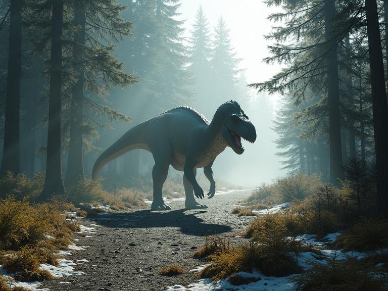 A large dinosaur walks through a prehistoric forest in Antarctica. Surrounding are tall coniferous trees and ferns. Patches of snow on the ground. The creature is mid-stride casting a long shadow in low polar sunlight. Mist rises between trees creating a mysterious atmosphere. Cinematic ultra-detailed.