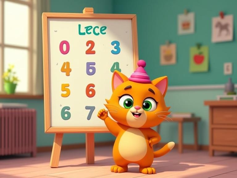 Cheerful classroom setting with a colorful feel. Large board displaying Arabic numbers from one to twenty. Mimi the cat, an orange character with green eyes, stands in front of the board, waving her paw while wearing a teacher's hat. She is friendly and enthusiastic, ready to teach.