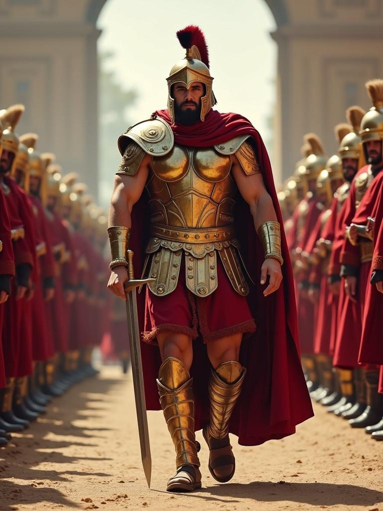 A muscular Caucasian man holds a sword. He wears golden armor a gladiator helmet and a red cape. He walks down a path lined with soldiers in red uniforms facing front.