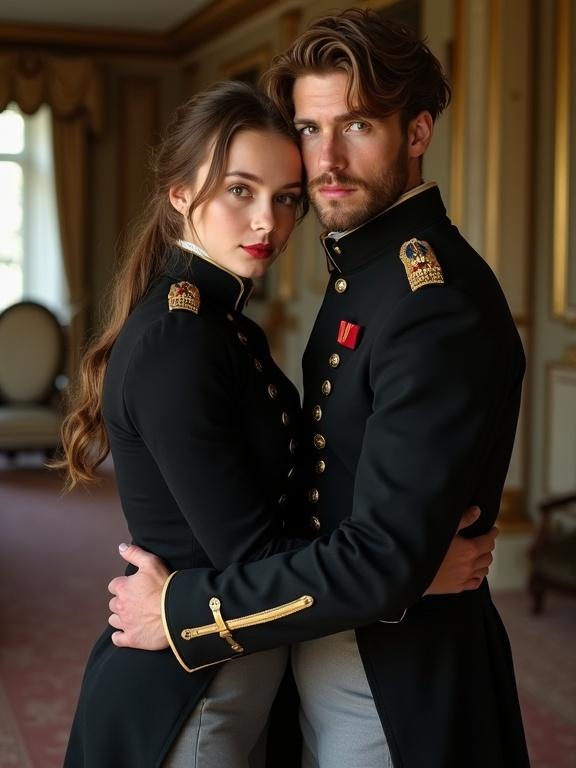 Couple dressed in matching military uniforms. The woman has long brown hair and a thin waist with large bust and hips. She wears a black uniform with gold accents. The man in a black hussar uniform. They embrace in a lavishly decorated manor room with intricate details.