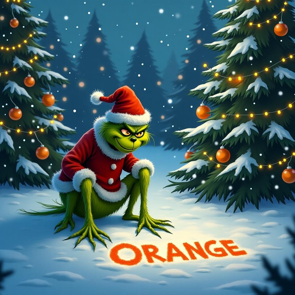 The Grinch is outside in the snow. Christmas trees surround him, decorated with lights. The Grinch is writing the name Orange in the snow.