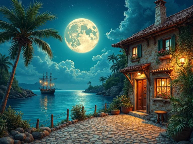 Imagery of a Caribbean harbor with a tavern near the coast. Moonlight illuminates a vintage ship anchored in the sea. Surrounded by green islands and palm trees, creating a serene atmosphere. Artistic style resembles impressionism with vibrant colors and detailed textures.