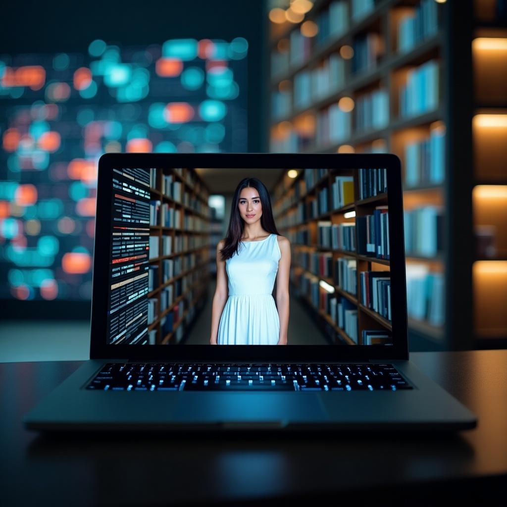 A laptop sits on a desk, displaying an image of a woman in a white dress. The background shows a blurred library filled with books. Vibrant data displays light up the background, adding a modern feel. The woman appears confident and serene, engaging the viewer. The scene merges technology with elements of education and fashion, creating a striking visual for any audience.