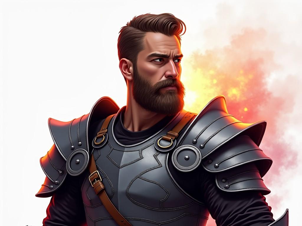 A heroic warrior in medieval armor with a stern expression, set against a fiery backdrop, showcasing boldness and strength.