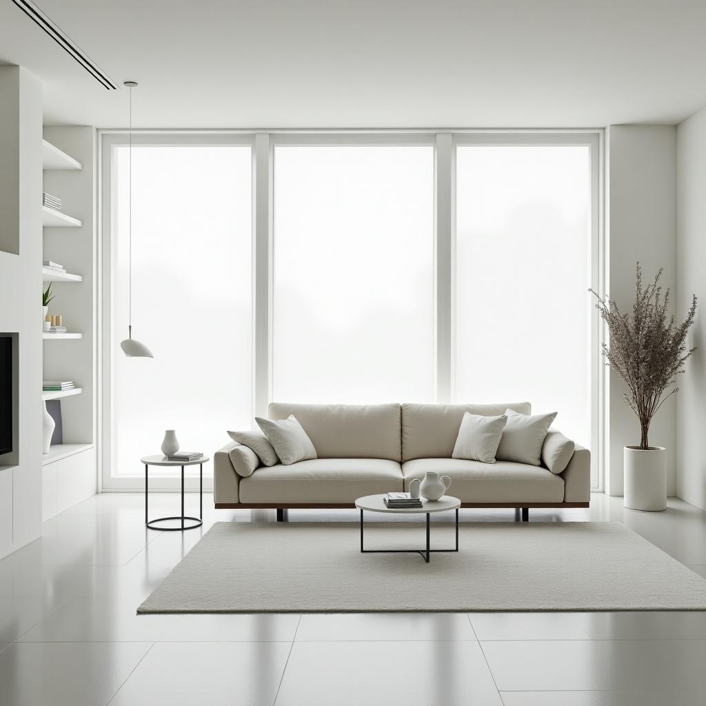 Image of modern spacious living room with minimalist design. White walls create airy feel. Large windows provide natural light. Centered comfortable sofa ideal for relaxation. Elegant understated decor promotes serenity.