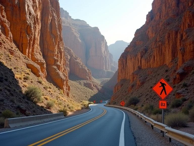 A winding asphalt road cuts through a rugged canyon. The cliffs are towering and jagged. Warm sunlight bathes the scene. The road curves gently with a yellow safety line. Concrete barriers line the road. Orange traffic signs warn of bends ahead. The sky is clear casting long shadows. The mood evokes adventure. The camera pans along the road capturing the cliffs and wilderness.