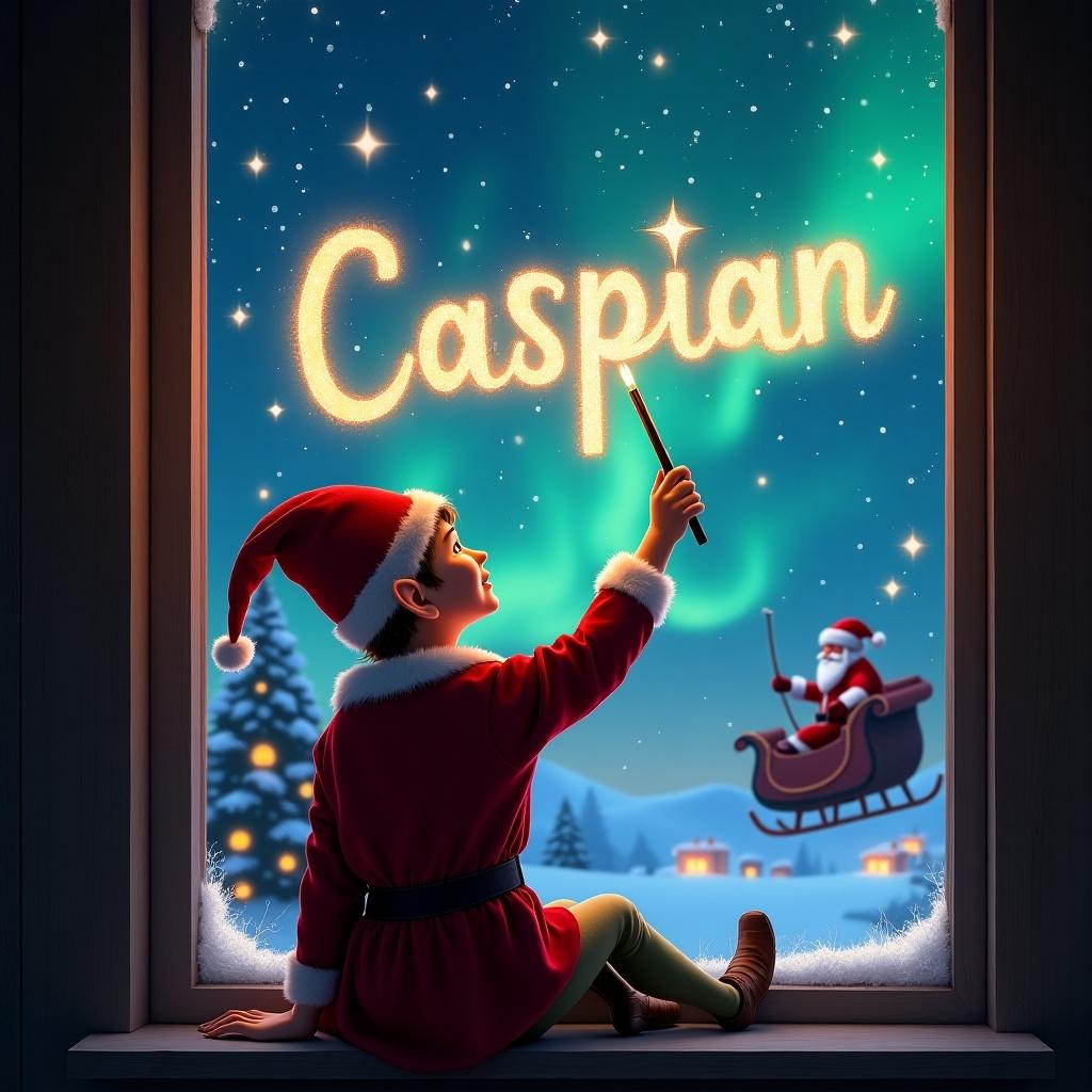 The image features an elf sitting on a window ledge with his back to the viewer. He is facing the sky, using a wand to write the name 'Caspian' in shimmering letters. The background is enchanting, depicting a magical Christmas scene complete with twinkling stars and colorful northern lights. In the background, Santa Claus can be seen in his sleigh, adding to the festive atmosphere. The elf is dressed in a classic red outfit and a pointed hat, emphasizing the holiday spirit.