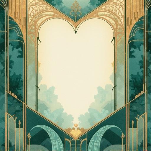 Poetry art inspired by Japanese watercolor and 1920s Art Deco design. Features geometric ornamental patterns and flowing organic textures. Metallic gold details on a teal and sage green background. Elegant angular composition with an ethereal design. Minimalist space available for poetry text. Vintage paper texture adds to the sophisticated literary aesthetic. Evokes a mood of hope and melancholy with geometric frames for text placement.