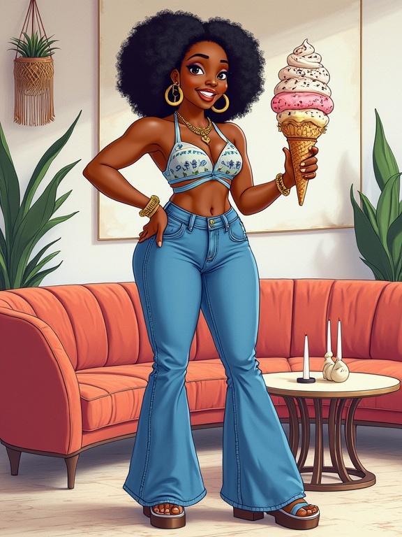 Illustration of an African American woman with a curvaceous hourglass figure and voluminous afro hair. Wearing fitted halter top and high-waisted bell bottom jeans. Accessories include large gold hoop earrings and layered chains. Makeup features bold winged eyeliner and glossy lips. Pose includes one hand on waist and holding an ice cream cone with swirls of cream. Set in a retro lounge with velvet sofas and geometric art.