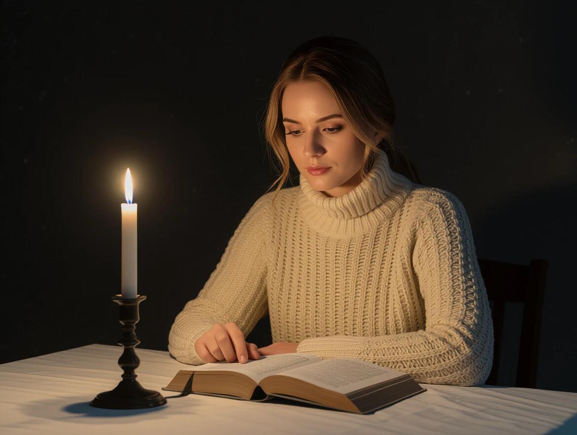 A woman sits at a table in a dark room. She reads a book illuminated by a single burning candle. The atmosphere is warm and cozy, inviting relaxation.
