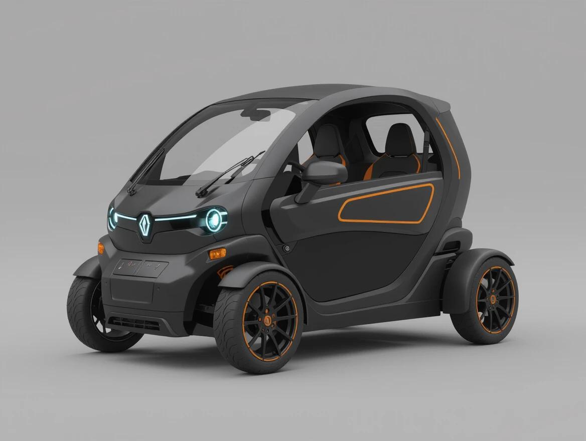 Small and cheap electric street car designed for two individuals featuring 17 inch wheels. Car has a sporty and aerodynamic shape with black as the main color and vibrant orange lines and details. The rendering of the car is highly realistic and visually appealing.
