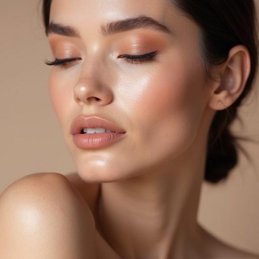 Portrait of a model with airbrushed soft skin. Close-up of facial features. Natural glowing makeup look.