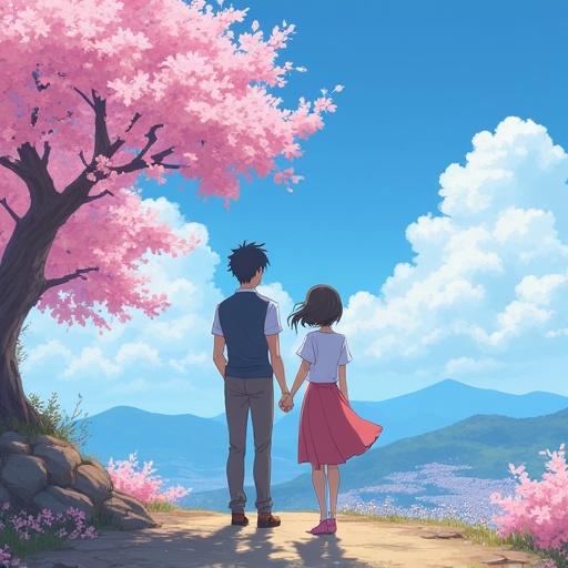 Medium shot of a couple holding hands. They stand on a high point overlooking a beautiful distance. Cherry blossoms bloom on one side with pink petals floating in the air.