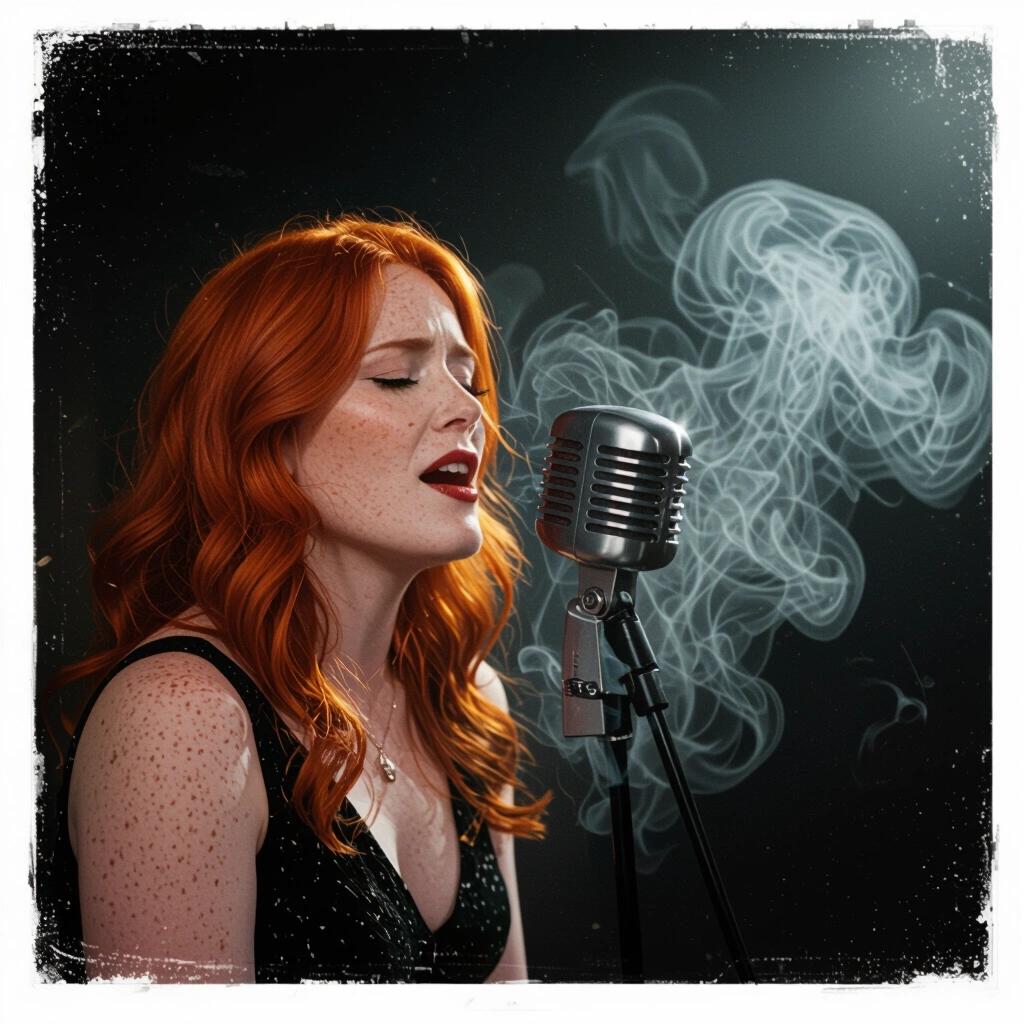 Intimate shadow-filled room with Irish redhead singing into an old microphone. Heavy smoke drifts around her face. Background fades to black.