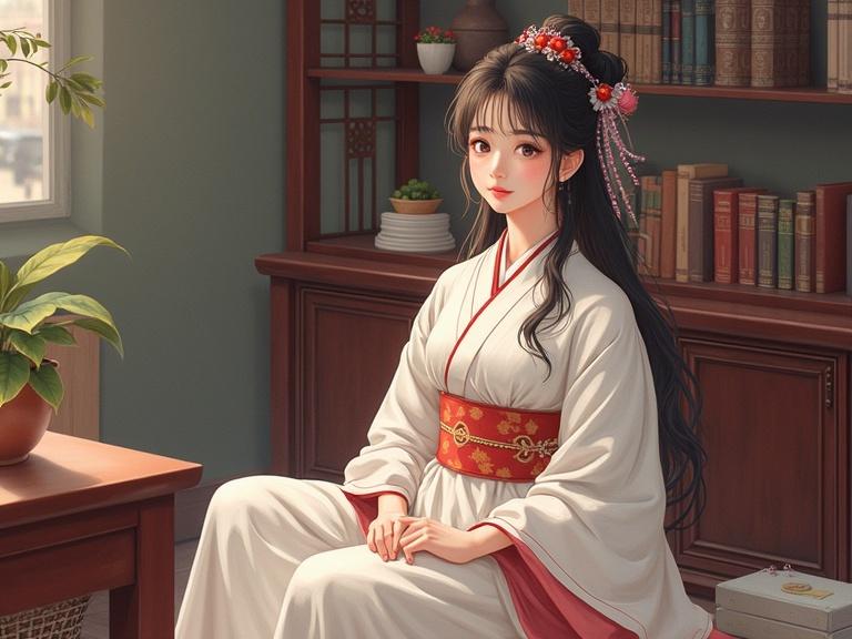 Realistic depiction of a young woman in traditional attire inside a cozy room. She sits gracefully while surrounded by books and plants. Bright and soft natural lighting enhances the warm atmosphere.