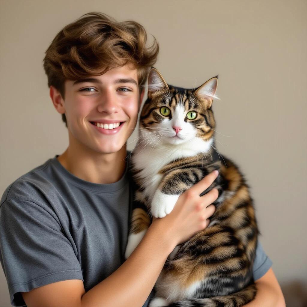 A young man with light brown hair holds a fluffy cat. The cat has striking green eyes and a beautiful striped coat. They are in a simple setting with a soft beige background. The young man wears a plain grey shirt with a neutral look.