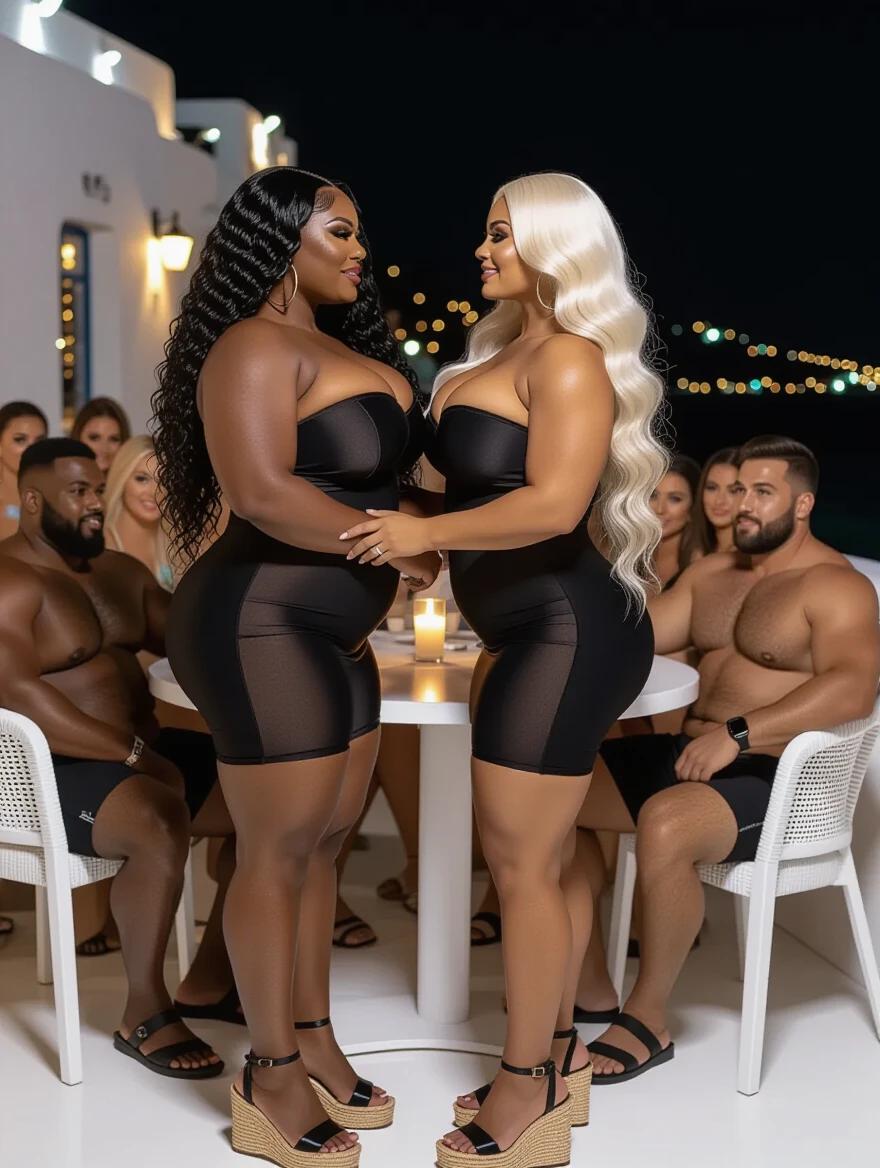 Two bodybuilder women in black dresses embrace at a Mykonos nightclub. One woman is black with long curly hair. The other woman is white with long blonde wavy hair. They stand together in a vibrant nightlife setting. A group of people including two surprised men sit at a nearby table. The scene captures a joyful celebration.