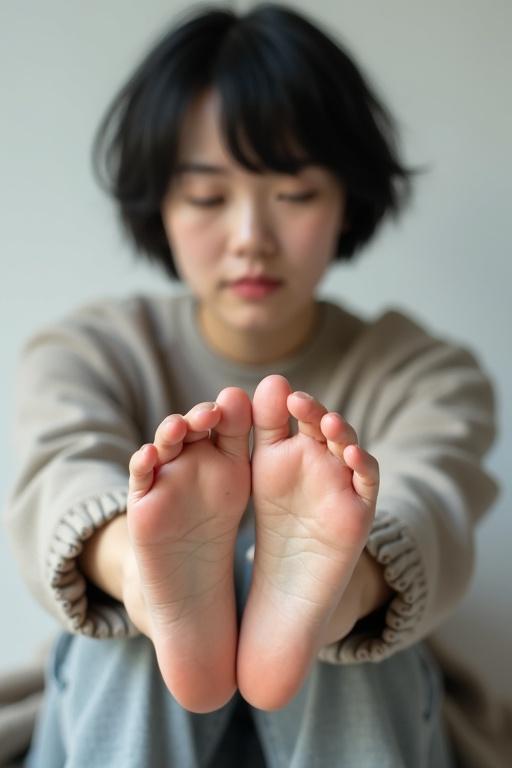 Young woman with short black hair sitting and displaying her bare feet and soles. She is wearing casual clothing in a studio setting.