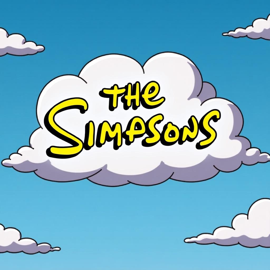 The image features a cartoon cloud with the title 'the Simpsons' in a playful font. Background is a blue sky with fluffy white clouds. The design resembles the opening sequence of a famous animated show.