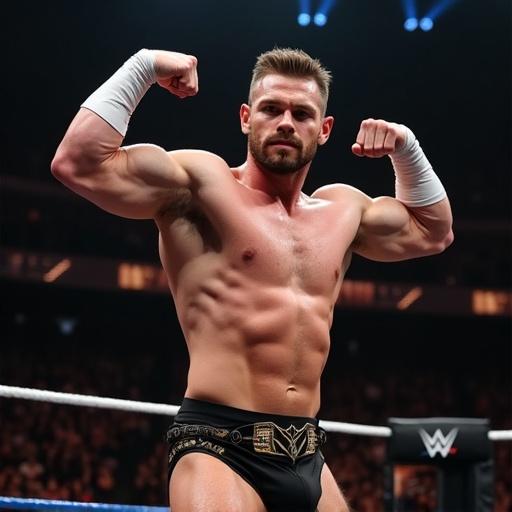 Create an image of a muscular hairy wrestler in the ring flexing his biceps.