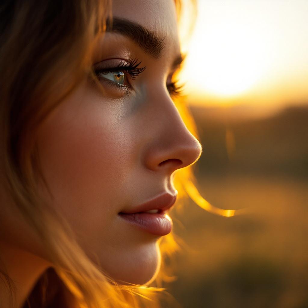 Close up shot of her face with incredible details and textures in golden hour nature background ZEISS Supreme Prime 100mm