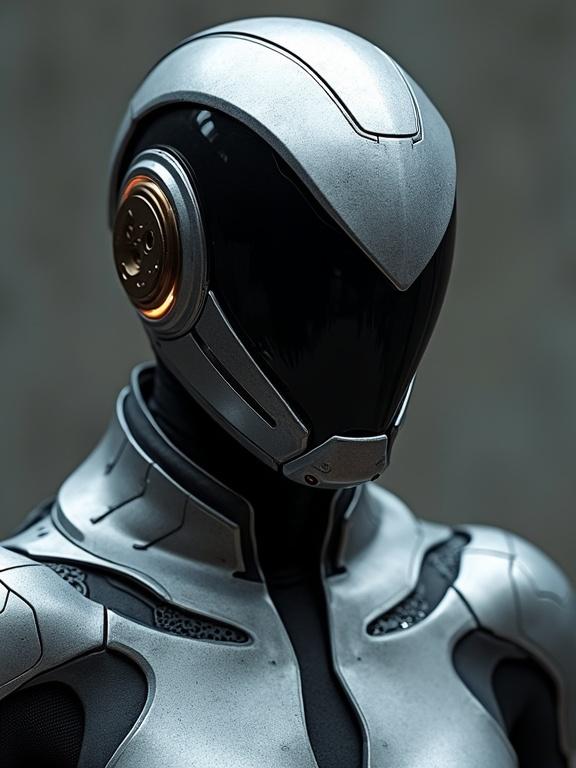 High tech sci-fi suit with sharp aerodynamic helmet. Focus on sleek design and futuristic elements.