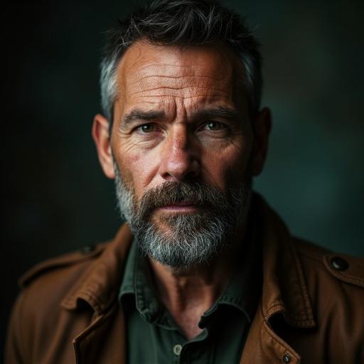 A highly realistic portrait of a rugged mature man with a short beard and piercing eyes. He wears a brown leather jacket and a dark green shirt. The expression is neutral with cinematic studio lighting. The background is dark and blurred. Skin texture and pores are visible, creating a dramatic and moody atmosphere. The image uses a shallow depth of field, 85mm lens at f/1.4, in ultra-realistic quality and natural tones.