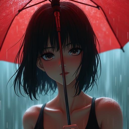 A young woman stands upright. She holds an umbrella above her. It is a rainy day with heavy rain. The woman's black hair is bobbed and features red mesh. The photograph is taken from a low angle. She looks straight at the camera without any facial expression.