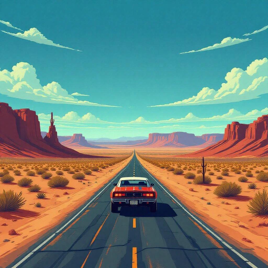 Pixel art of a road passing through a vast desert. Low camera angle captures a retro car driving on a long, straight road. Desert is desolate with distant rock formations and a bright blue sky.