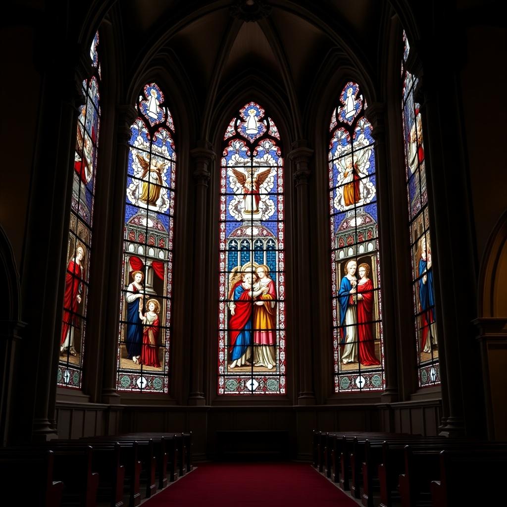 Intricately designed colored glass windows in a church. Stained glass shows religious figures and vibrant colors. Light shines through creating a serene atmosphere.