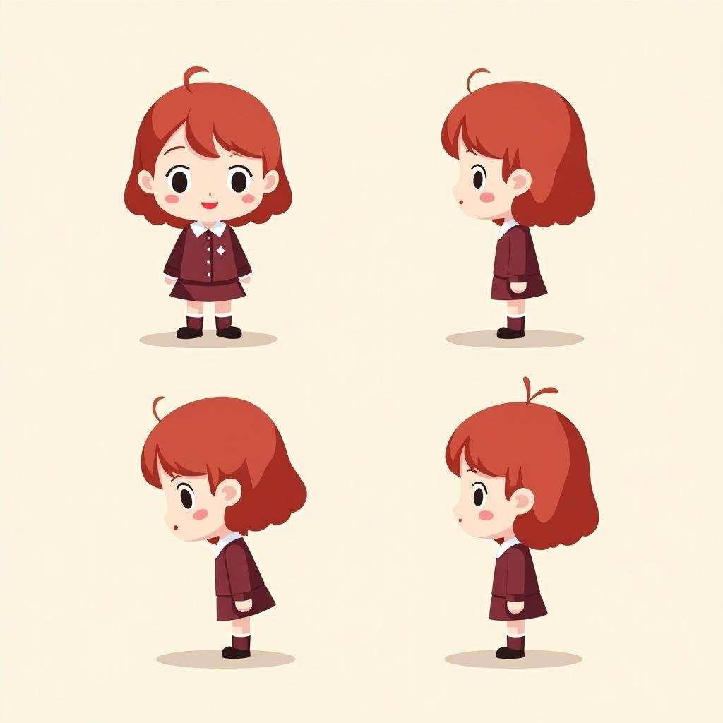 Simple cartoon girl character designed in minimalistic style. Four different angles showing unique features. Character has red hair and is wearing a burgundy school uniform. Background is light color. Design suitable for animations, games, or merchandise for children.