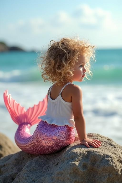 A beautiful toddler mermaid with curly dirty blonde hair sitting on a rock. She has a pink glimmering tail. Blue eyes and a white string vest top. The ocean waves are in the background with a view towards the shore.