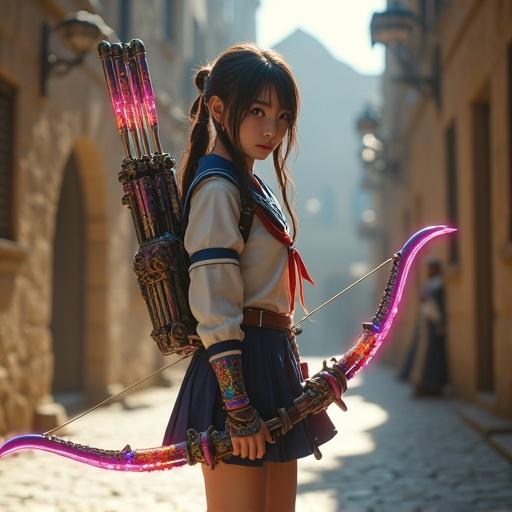 Realistic high school girl archer stands in a medieval European stone city street. Wearing a Japanese-style school uniform, modern design, carrying a high-tech colorful energy bow with glowing elements. Quiver on her back, calm expression, showcasing contrast between modern uniform and ancient cobblestones in soft morning light. Highly detailed textures and reflections.