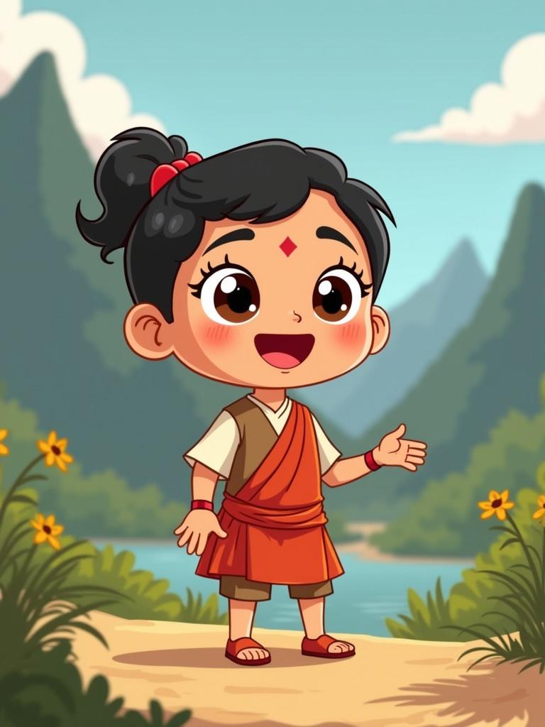 Create an animated character performing Namaste in a Nepali setting. Character stands with a friendly pose amidst scenic nature. Bright colors are used. Simple design appeals to children.