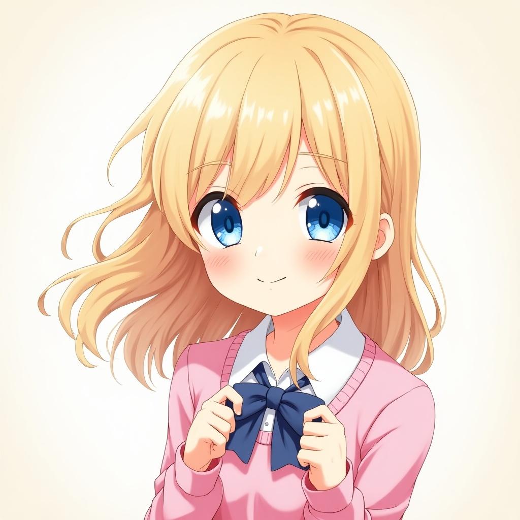 Kawaii anime girl depicted with light blonde hair and crystal blue eyes. Character holds a bow, wearing a pink sweater. Background is soft and neutral in tone. The expression is cute and cheerful.