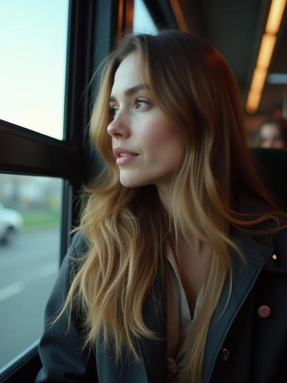 Candid photo of a woman on a bus looking outside. Natural light illuminates her face. She has long hair and a thoughtful expression.