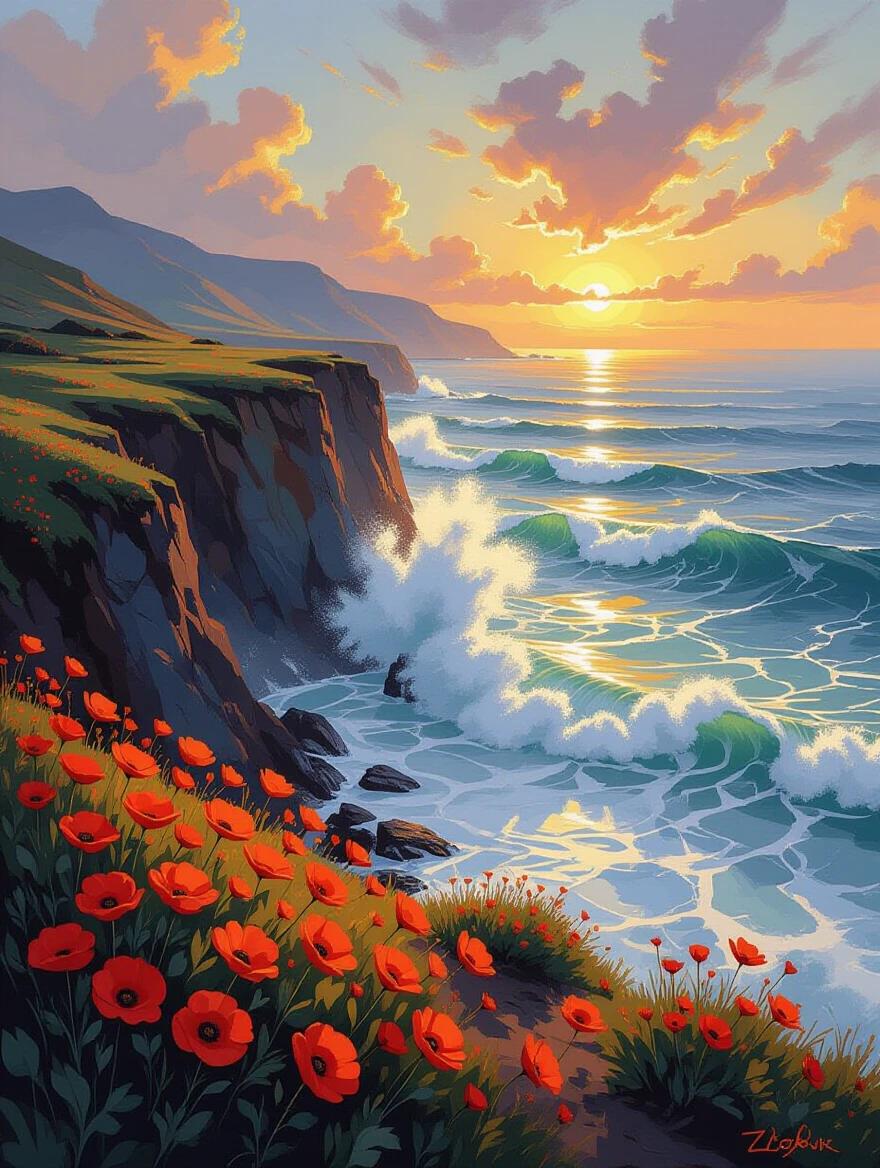 Masterpiece with ultra detailed California poppies blooming on a rugged cliff. Violent ocean at sunset with massive crashing waves. Hyper detailed whitewater against a black sand coastline. Golden light casts luminous shadows. 2:3 vertical format of an expressive coastal scene.