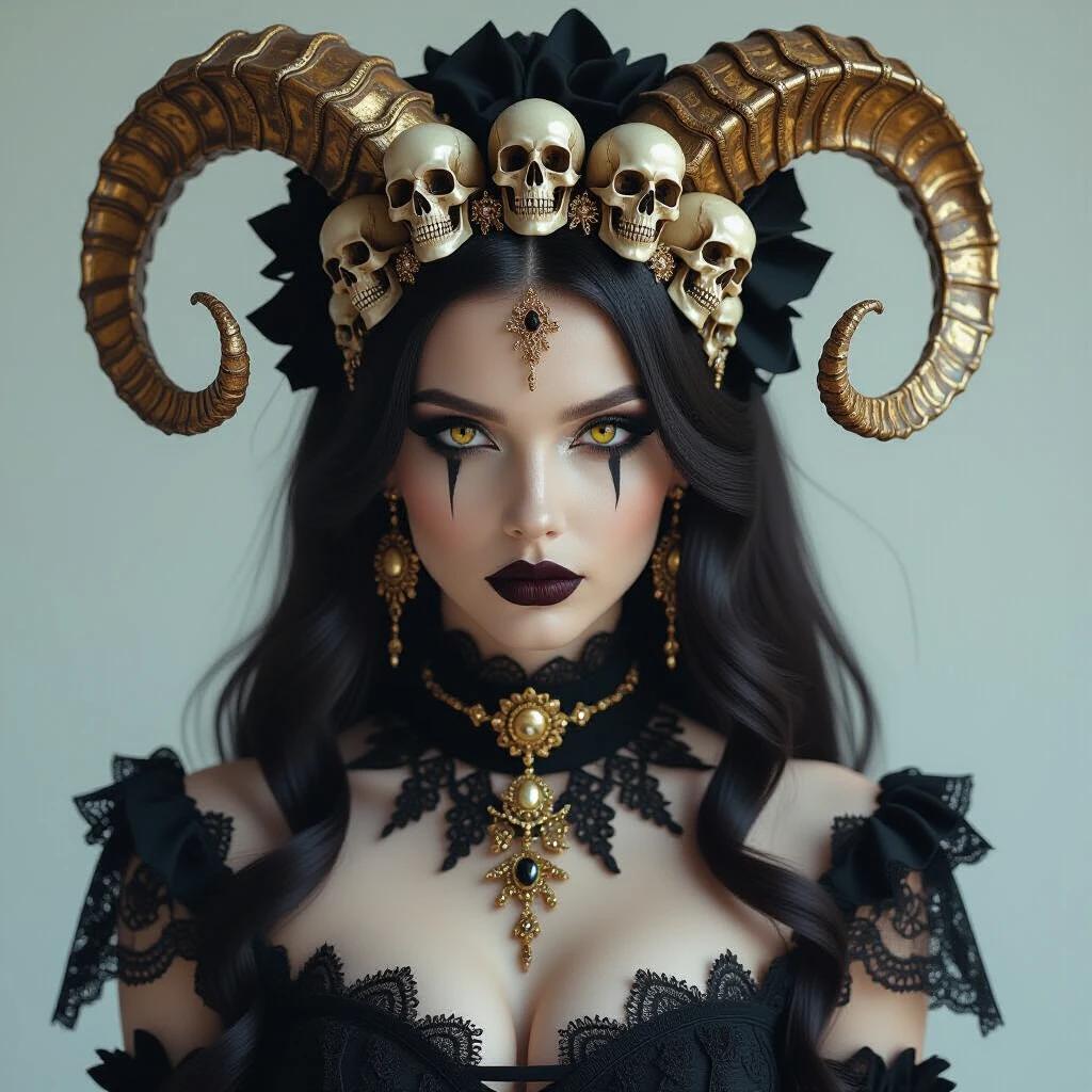 Striking figure adorned in intricate black lace corset. Long dark hair cascades over shoulders. Pale skin contrasts with dramatic outfit. Ornate headdress features large twisted golden horns. Skulls embellish the horns. Jewelry displays skeletal motifs and golden accents. Eerie atmosphere set against black background. Emotionally captivating and enchanting.