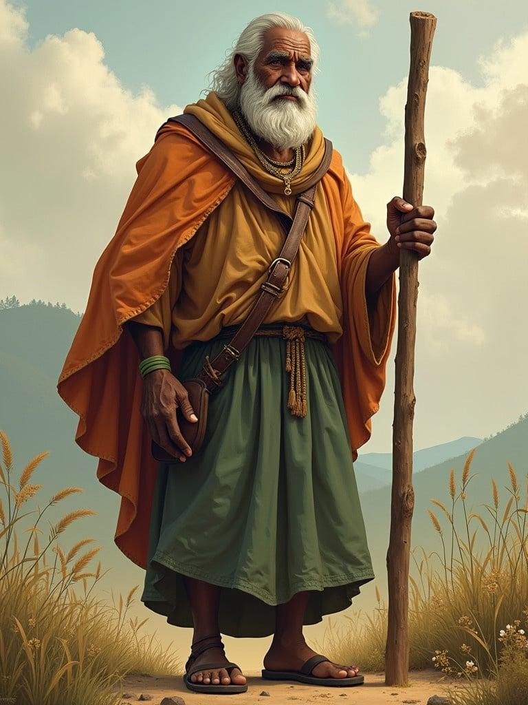 Portrait of an elderly man wearing traditional clothing. He holds a wooden staff and stands in a field. Background shows distant mountains and cloudy sky. The character reflects strong personality and connection to ancestry.