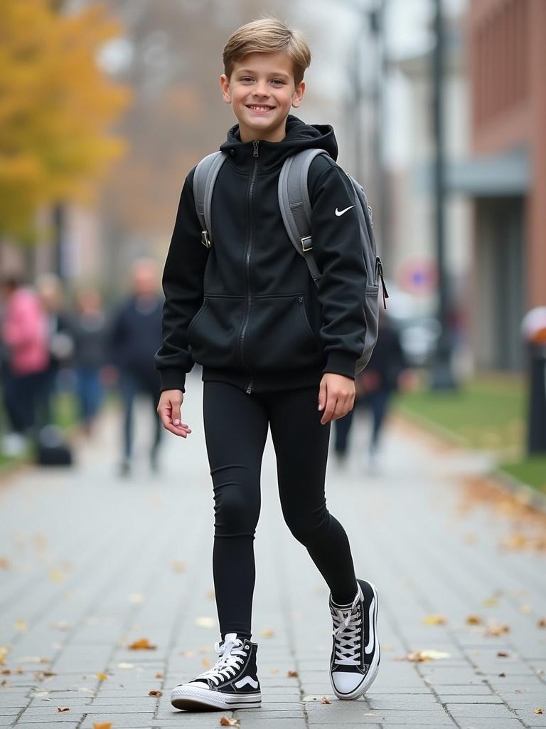 A confident teenager walks along a city sidewalk wearing black leggings and high-top sneakers. The background shows people casually walking in fall weather. The outfit reflects school pride and current fashion trends.