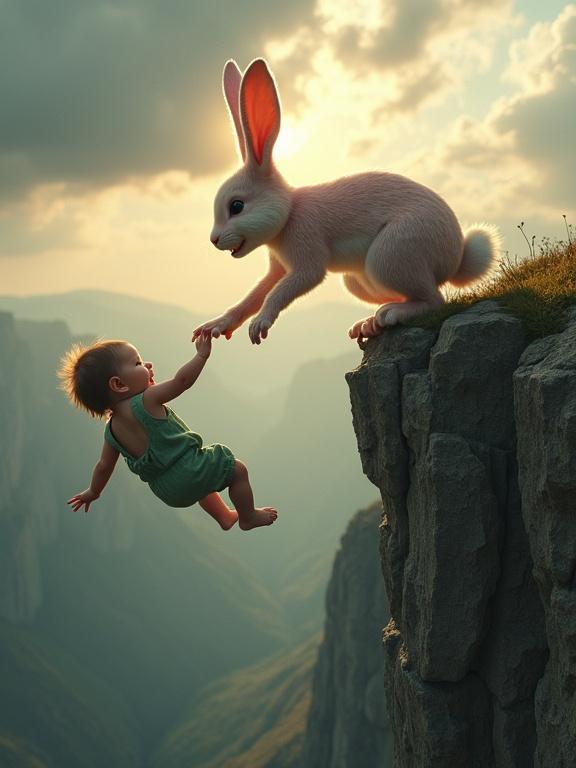 Dramatic scene on mountain cliff at sunset. Human-sized rabbit with soft fur reaches to save falling baby. Bright golden light breaks through clouds. Tension and fear expressed through rabbit's determination. Background includes towering cliffs and misty valleys.