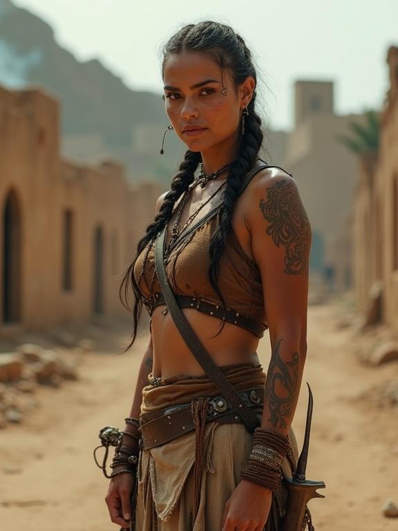 Cinematic portrait of an Iron Age huntress standing in rebuilt ruins of an ancient city. She wears layered leather clothing reinforced with iron. Short weapons are worn with pride. Intricate tribal tattoos cover her arms and face. Her proud expression reflects tradition. Her hair is braided with adornments. Buildings and organized village life are in the background. Warm lighting and earthy colors create a cinematic atmosphere.