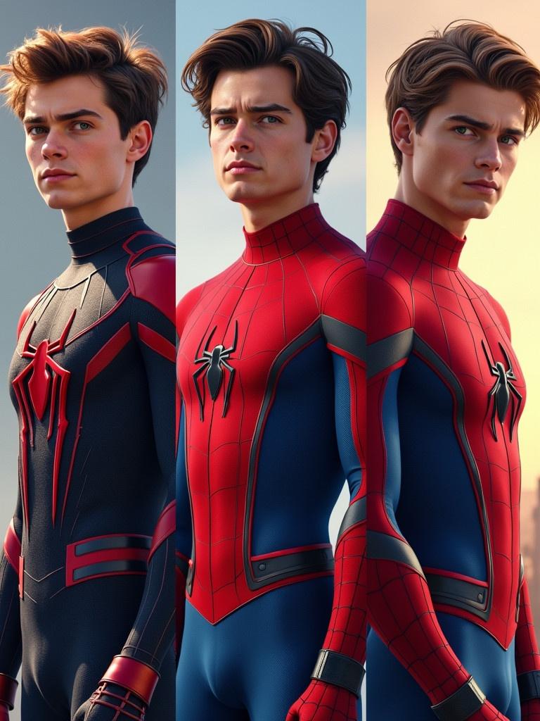 Concept art showing three versions of Spider-Man suits inspired by different actors. Characters display Spider-Man motifs in design. Stylish costumes exhibit texture and colors. Background blends softly in focus.