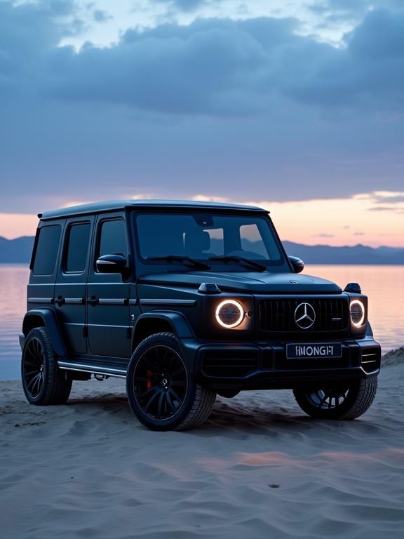 Matte black Mercedes-Benz G-Wagon parked on soft desert sand near calm water at dusk. Dramatic sky with blue and pink clouds. SUV features glowing LED headlights and custom black rims. Clean rugged stance with ambient lighting and soft shadows on sand. No people present.