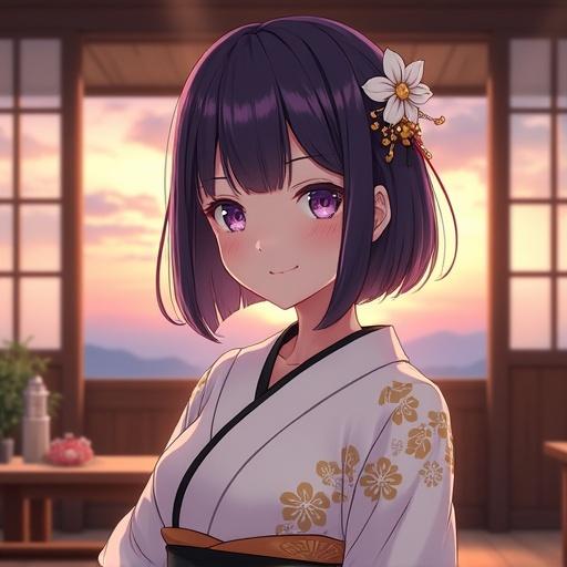 A woman in anime style with a dark violet bob hairstyle. Her hair features side-swept bangs and is styled with a white flower hair ornament. She is calm and wears a kimono-style outfit. The kimono is white with golden floral patterns and a black obi belt. She stands in a traditional Japanese cafe at dusk with soft evening light. The setting has a warm wooden interior and shoji screens with a hazy sunset sky in the background. Full figure is visible including her feet.