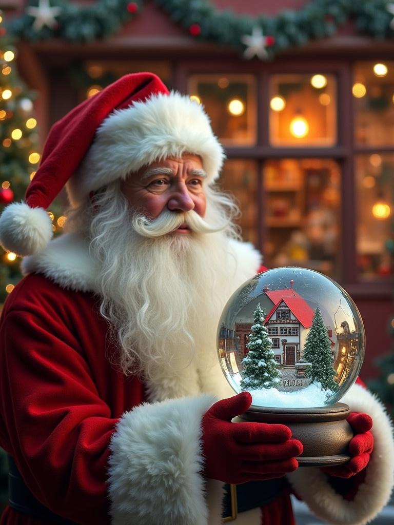 Christmas scene presents Santa Claus in a red and white outfit. Santa holds a snow globe containing a snowy house with the name 'FCRC'. The background features a toy shop filled with festive decorations and bright lights.