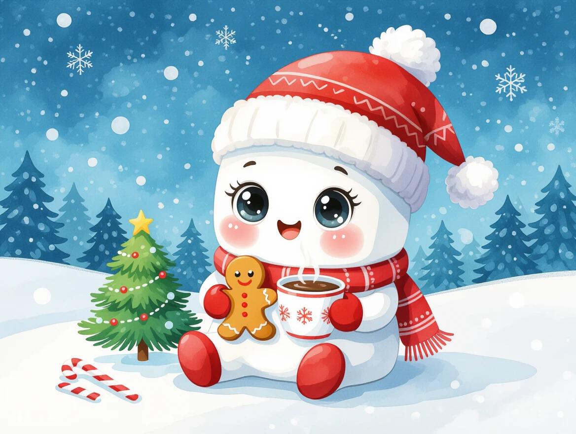 Cute winter scene featuring a white marshmallow character with big eyes. Character wears a red winter hat. It holds a gingerbread cookie and mug of hot chocolate. Snowy background includes a pine tree and candy canes. Cozy and cheerful atmosphere.  Fun and colorful holiday theme.